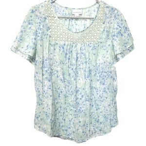 Liz Claiborne Floral Crochet Lace Blouse Womens L Mint Blue Boho Short Sleeve